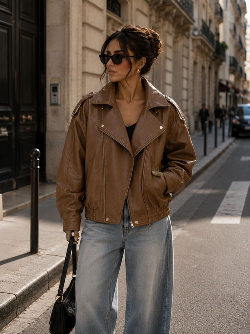 Oversized Faux Leather Jacket – Vintage Brown & Black Moto Jacket