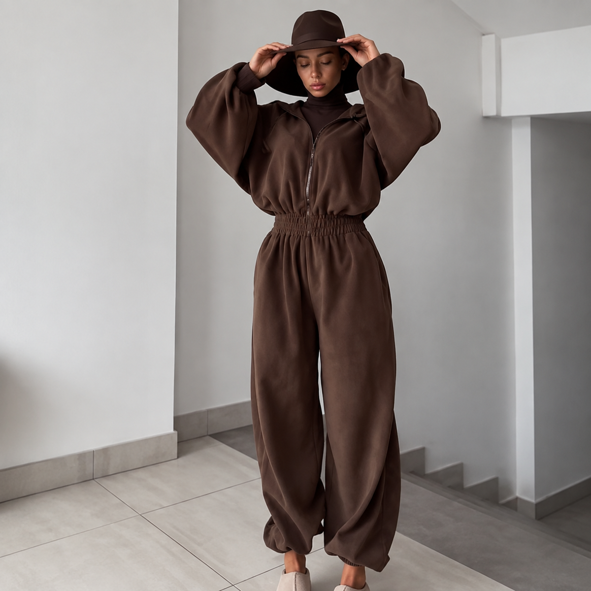 Brown Zip-Up Jumpsuit