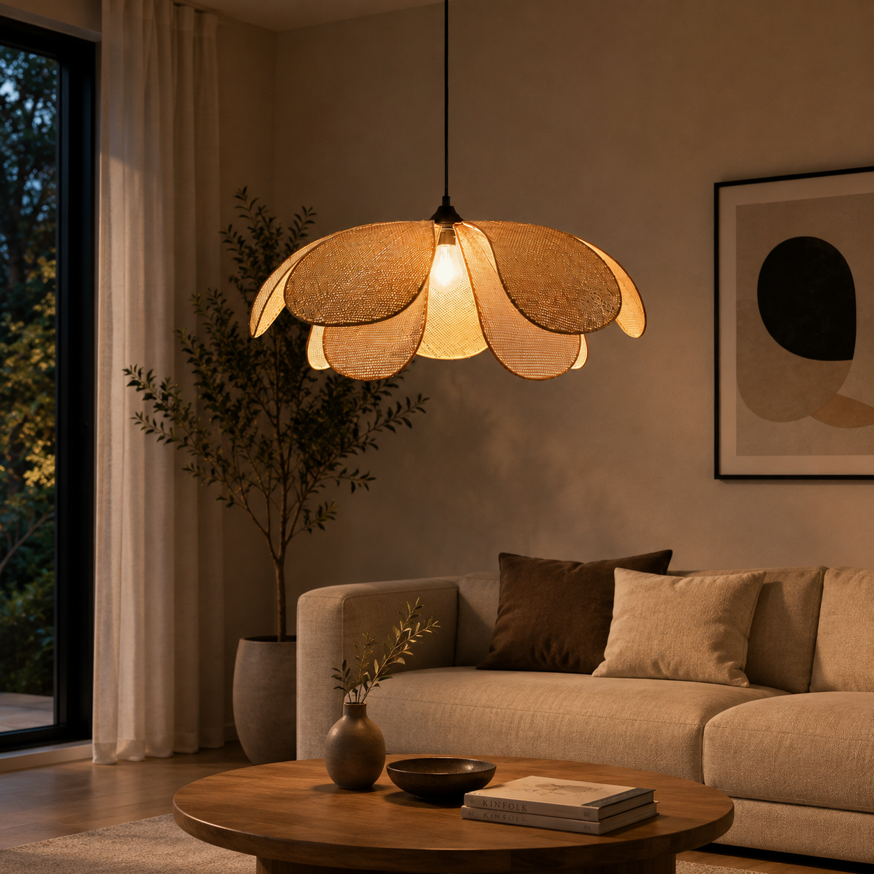 Woven Rattan Pendant Light Modern Flower Ceiling Lamp