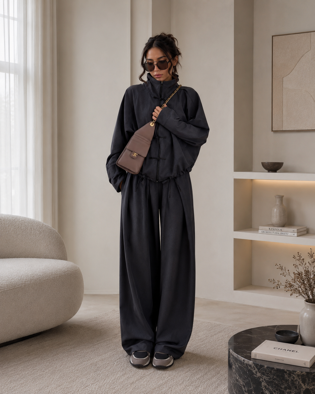 Relaxed Two-Piece Set – High Neck Jacket & Wide Leg Pants