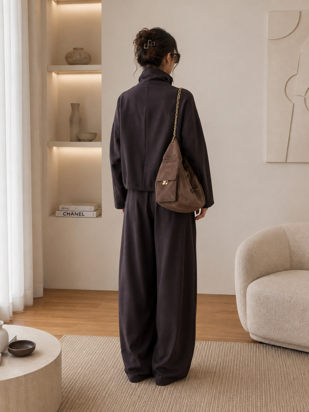 Relaxed Two-Piece Set – High Neck Jacket & Wide Leg Pants
