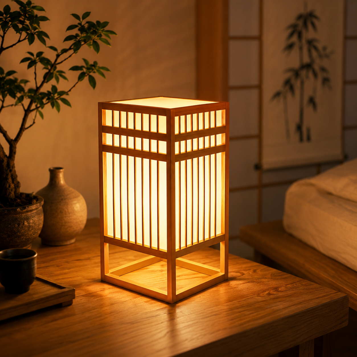 Japanese Bamboo Table Lamp Japandi Bedside Ambient Light