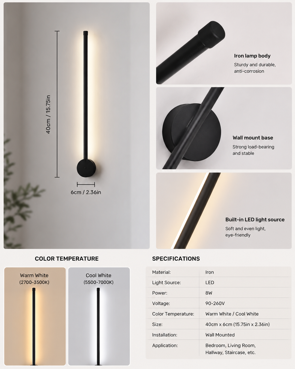 Minimalist Linear LED Wall Light Modern Black Wall Sconce