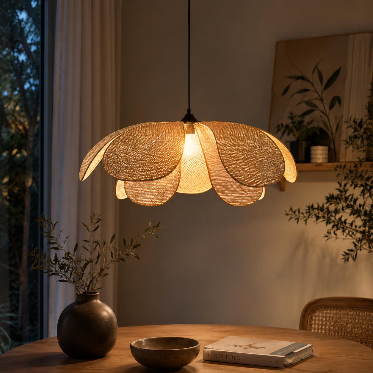 Woven Rattan Pendant Light Modern Flower Ceiling Lamp