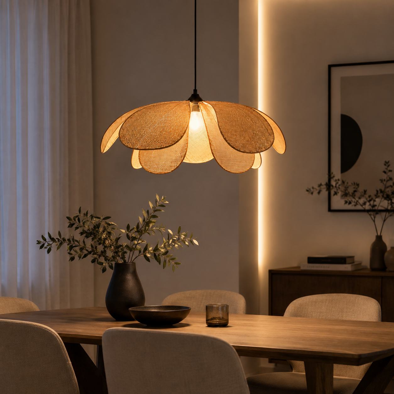 Woven Rattan Pendant Light Modern Flower Ceiling Lamp