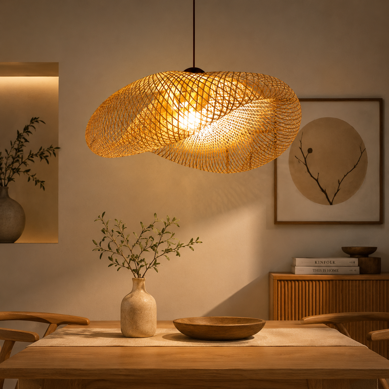 Woven Bamboo Pendant Light – Modern Rattan Ceiling Lamp
