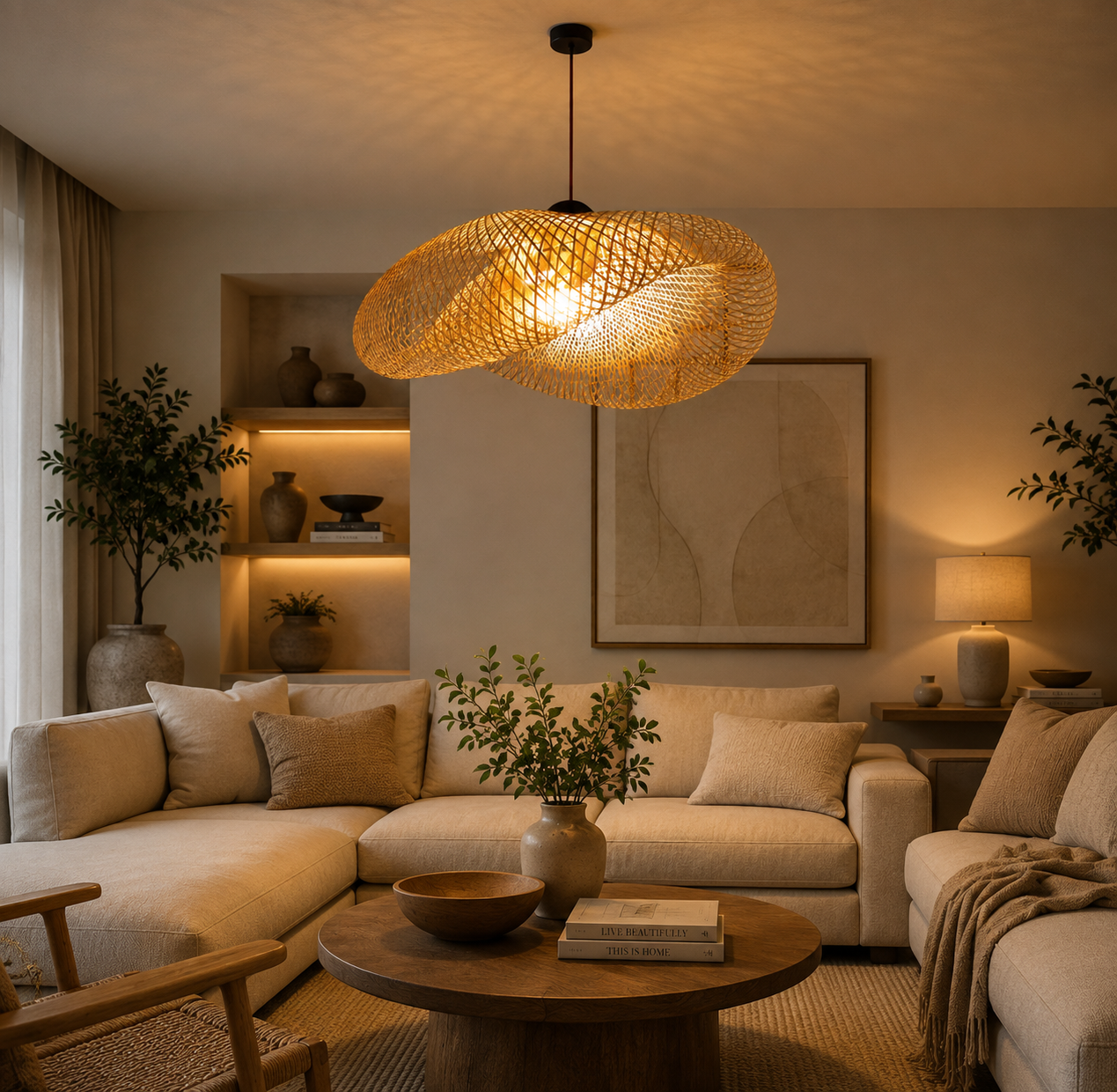 Woven Bamboo Pendant Light – Modern Rattan Ceiling Lamp