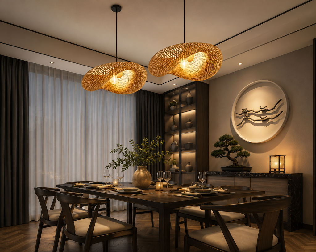 Woven Bamboo Pendant Light – Modern Rattan Ceiling Lamp