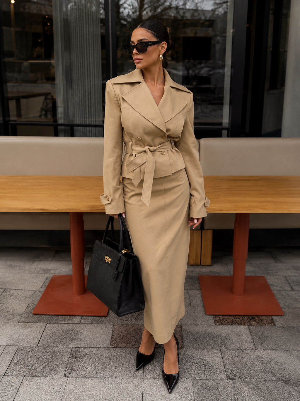 Elegant Beige Two-Piece Skirt Set – Belted Tailored Jacket & Maxi Skirt
