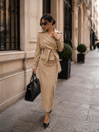 Elegant Beige Two-Piece Skirt Set – Belted Tailored Jacket & Maxi Skirt