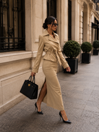 Elegant Beige Two-Piece Skirt Set – Belted Tailored Jacket & Maxi Skirt