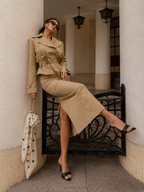 Elegant Beige Two-Piece Skirt Set – Belted Tailored Jacket & Maxi Skirt