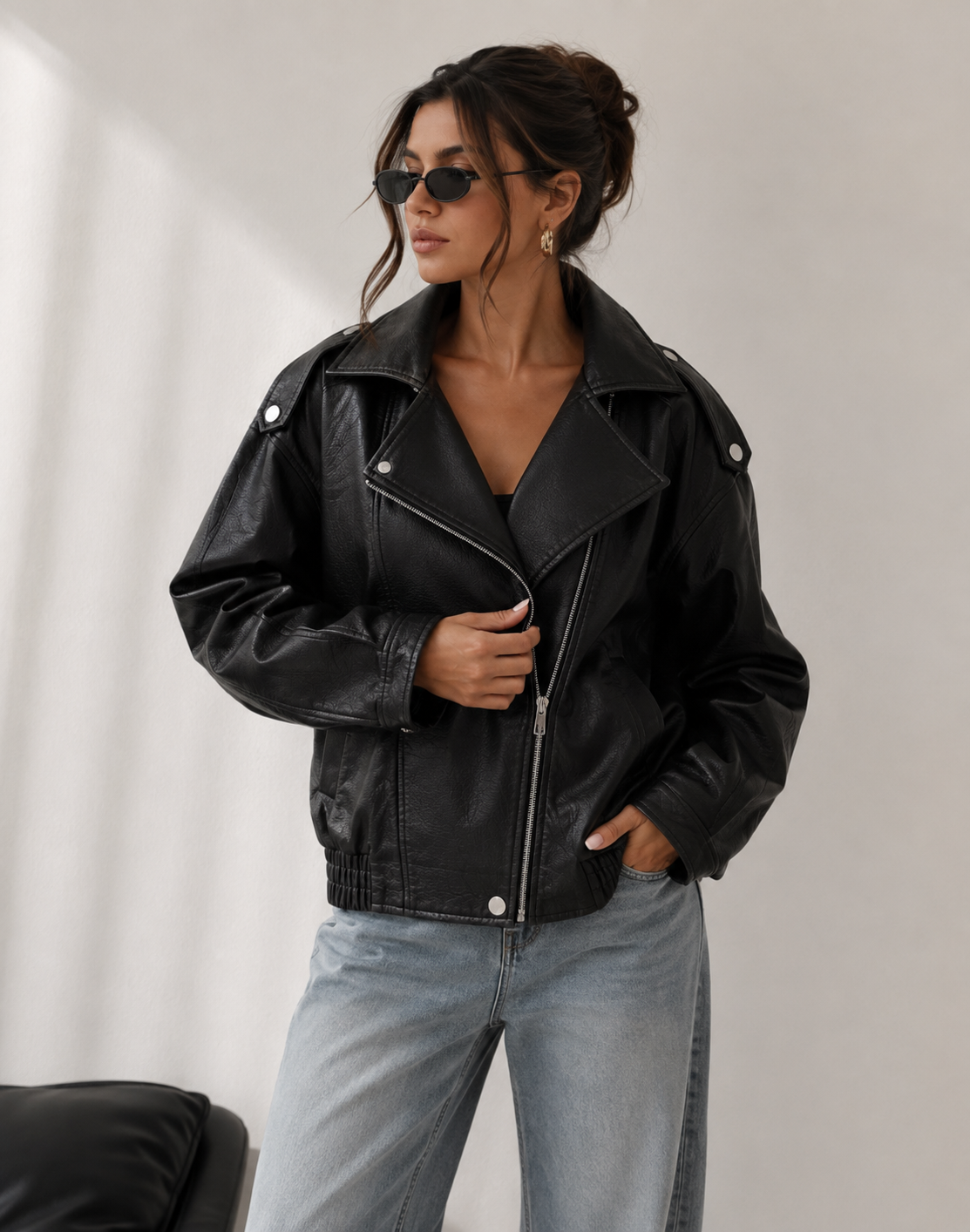 Oversized Faux Leather Jacket – Vintage Brown & Black Moto Jacket