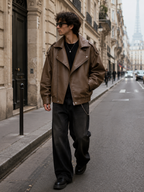 Oversized Faux Leather Jacket – Vintage Brown & Black Moto Jacket