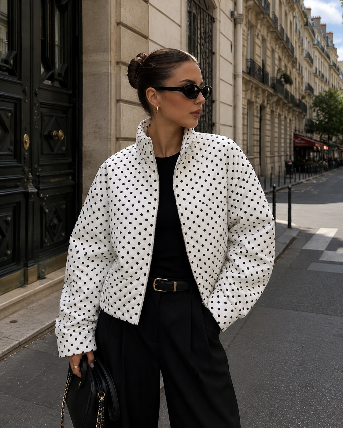 Women's Polka Dot Oversized Jacket – Zip-Up Cropped Streetwear Coat