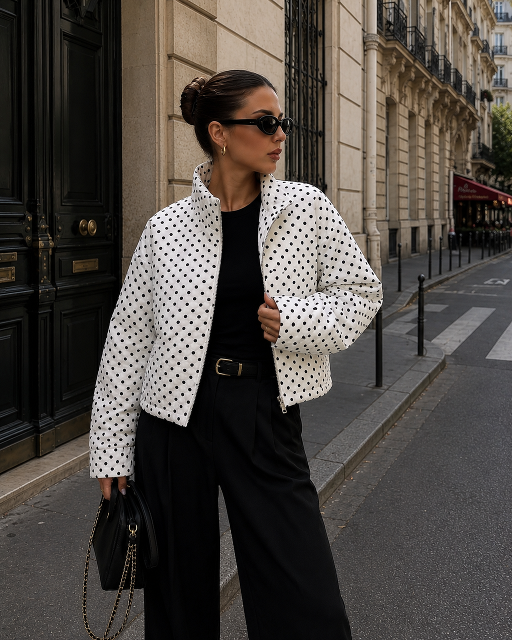 Women's Polka Dot Oversized Jacket – Zip-Up Cropped Streetwear Coat