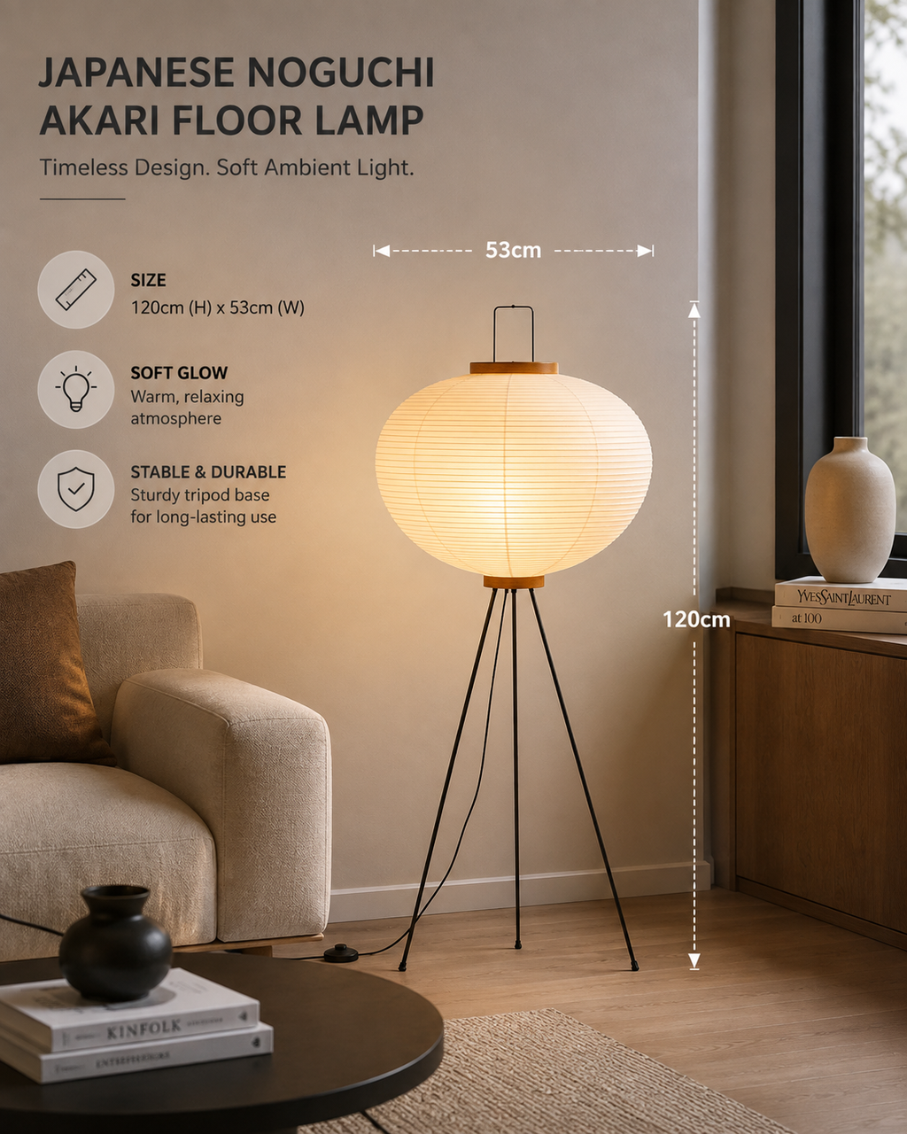 Japanese Akari Floor Lamp Wabi Sabi Rice Paper Standing Light
