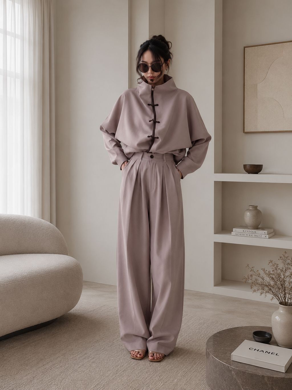 Relaxed Two-Piece Set – High Neck Jacket & Wide Leg Pants