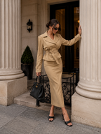 Elegant Beige Two-Piece Skirt Set – Belted Tailored Jacket & Maxi Skirt
