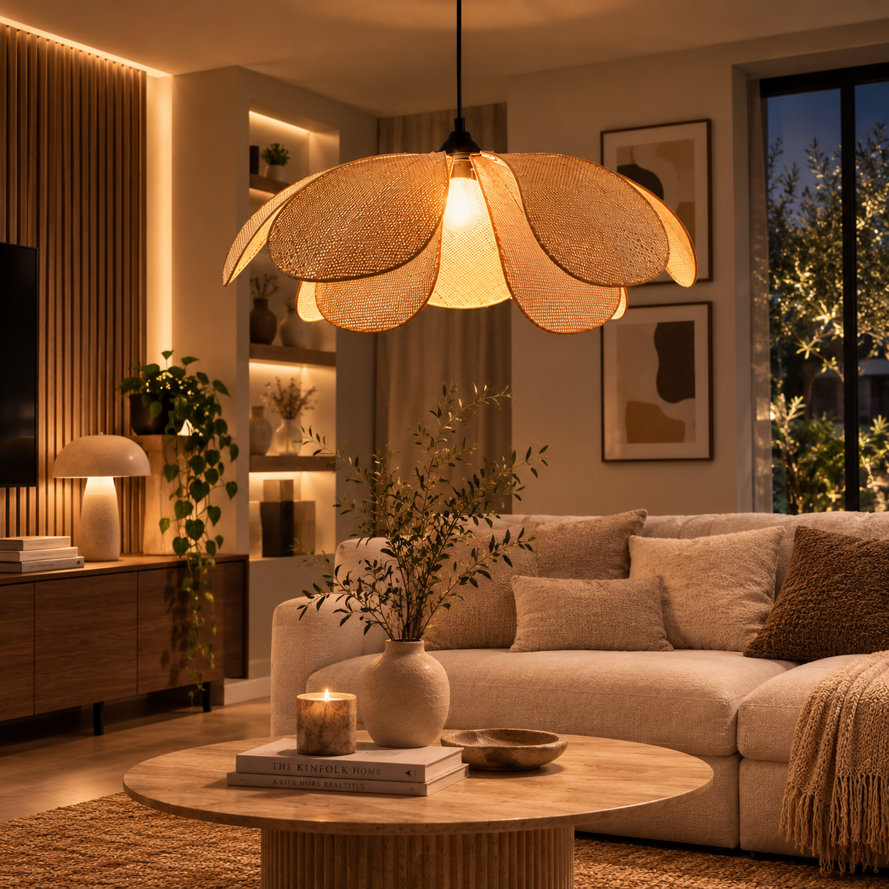 Woven Rattan Pendant Light Modern Flower Ceiling Lamp