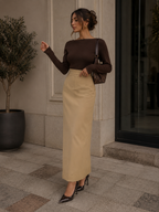 Elegant Beige Two-Piece Skirt Set – Belted Tailored Jacket & Maxi Skirt