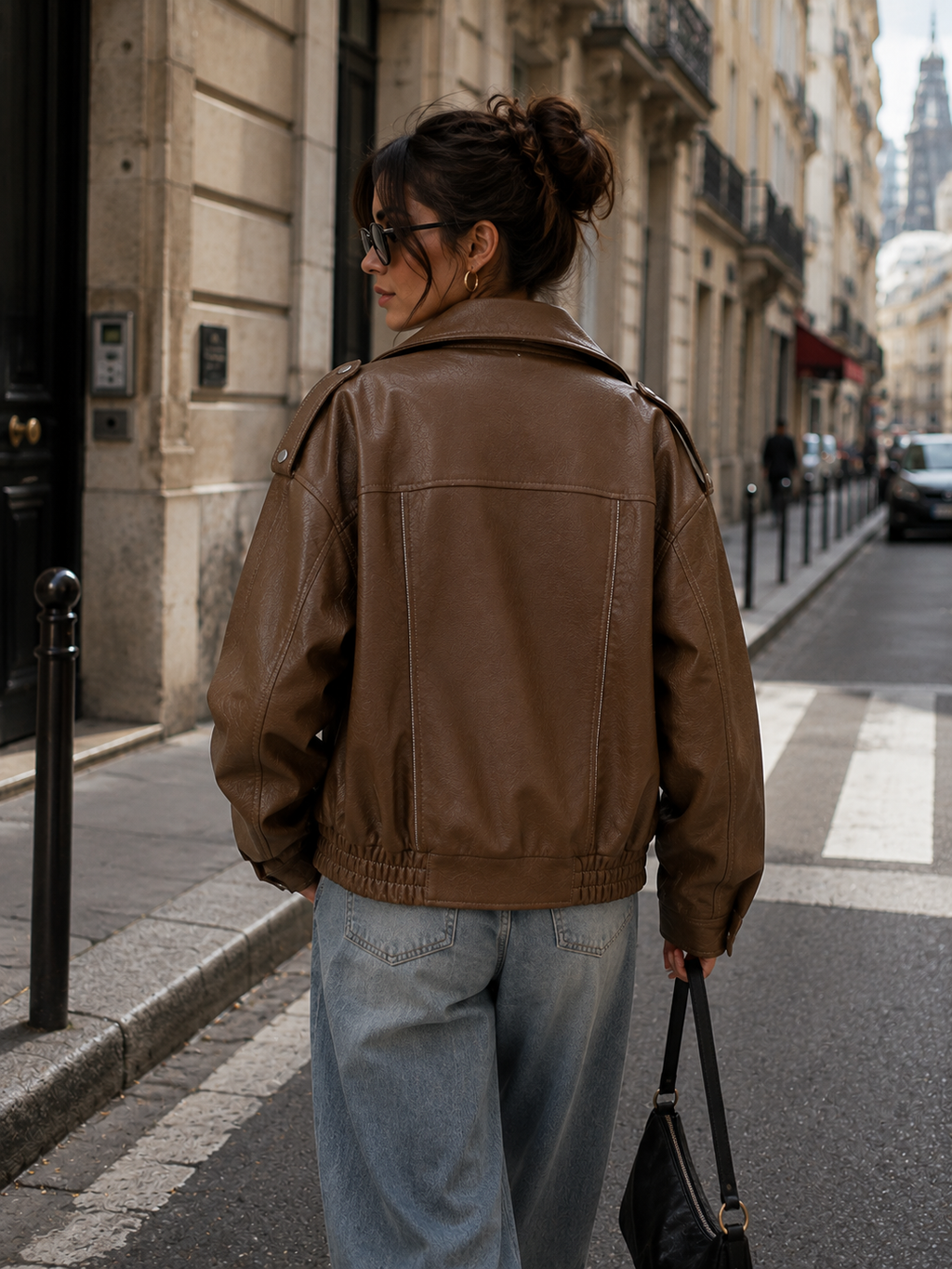 Oversized Faux Leather Jacket – Vintage Brown & Black Moto Jacket